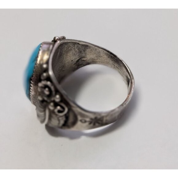 Vintage Turquoise Ring Intricate Silver Leaf Design Southwestern Statement - Picture 11 of 14